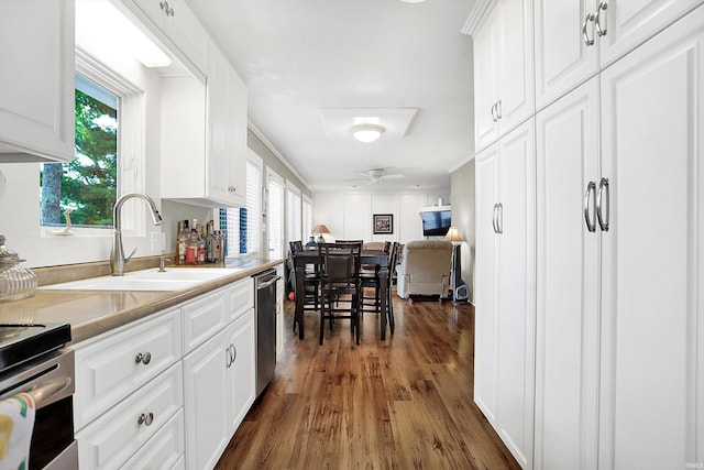 kitchen featuring white cabinetry, dark hardwood / wood-style flooring, stainless steel appliances, ceiling fan, and sink