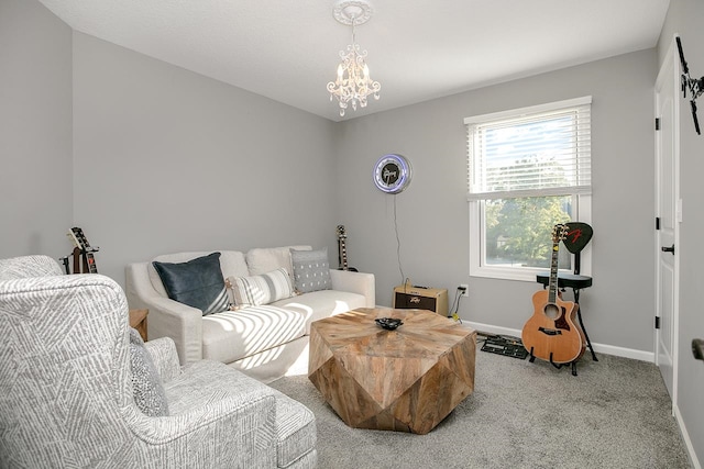 living area featuring light colored carpet and a notable chandelier