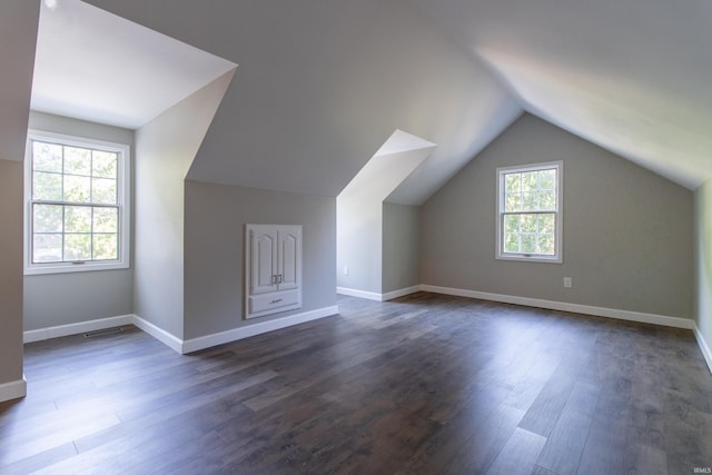 additional living space featuring a wealth of natural light, vaulted ceiling, and dark wood-type flooring