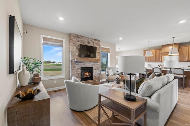 living room featuring a fireplace and light hardwood / wood-style floors