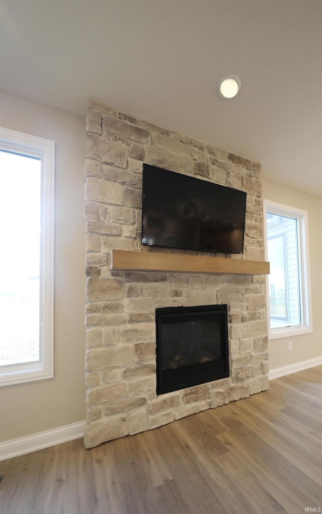 details with a fireplace and hardwood / wood-style flooring