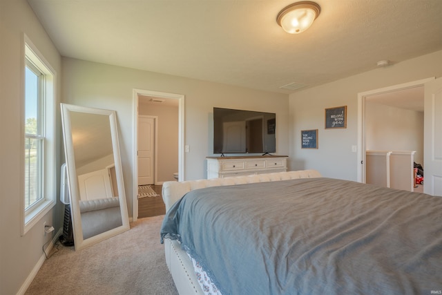 carpeted bedroom with multiple windows and ensuite bathroom