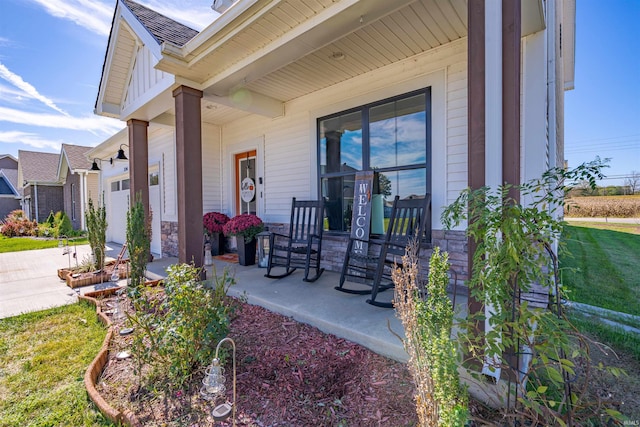 view of patio featuring a garage