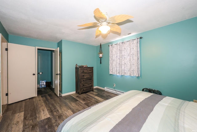 bedroom featuring ceiling fan, dark wood-type flooring, ensuite bathroom, and a baseboard radiator