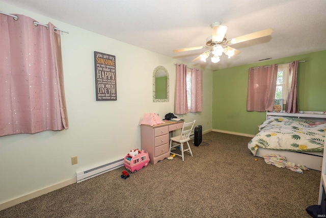 carpeted bedroom featuring multiple windows, ceiling fan, and a baseboard radiator