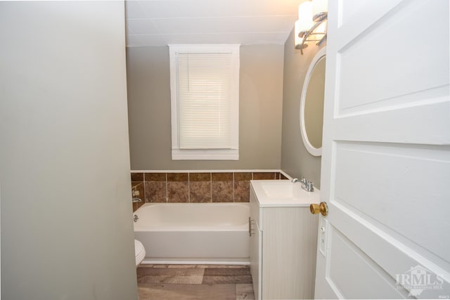 bathroom featuring vanity, a bathtub, and toilet