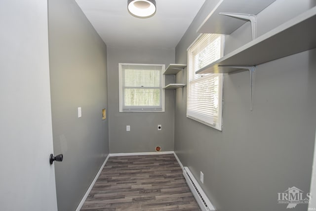 washroom with electric dryer hookup, dark hardwood / wood-style floors, plenty of natural light, and baseboard heating