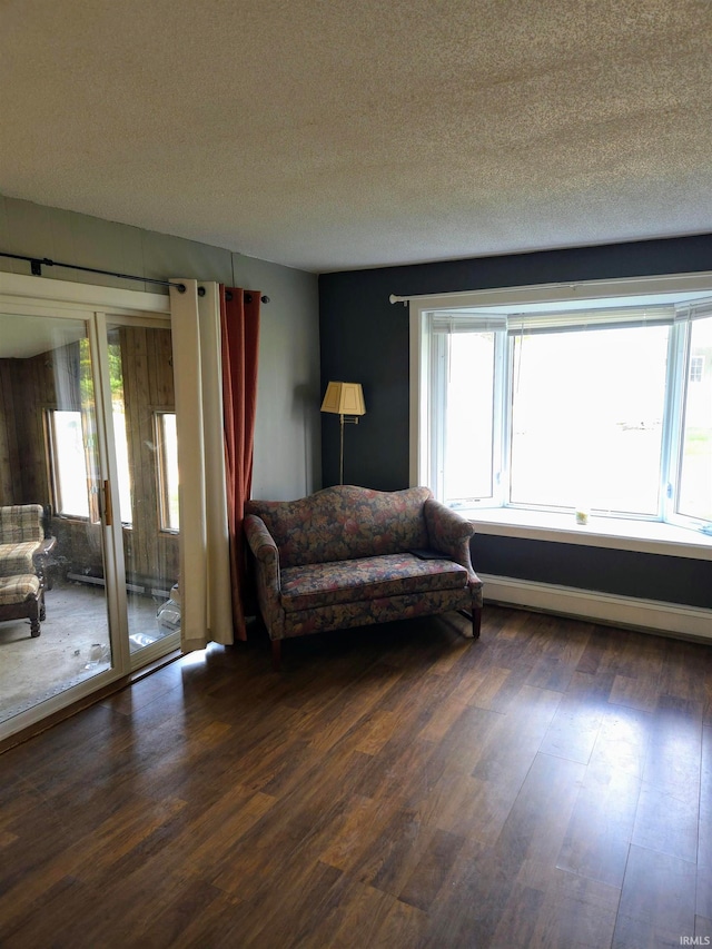 unfurnished room with a textured ceiling, baseboard heating, dark wood-type flooring, and a wealth of natural light