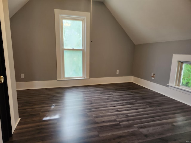 additional living space with vaulted ceiling, dark hardwood / wood-style floors, and plenty of natural light