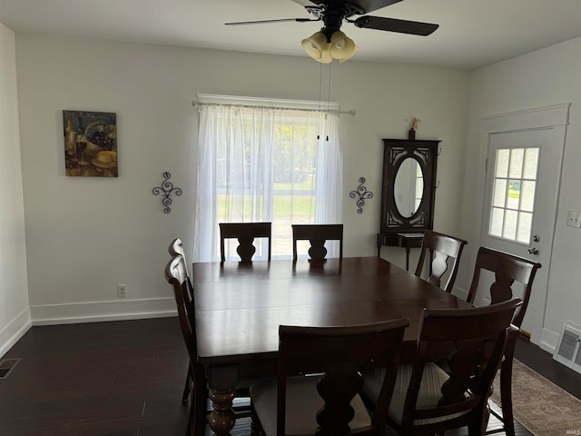 dining room with ceiling fan and dark hardwood / wood-style flooring