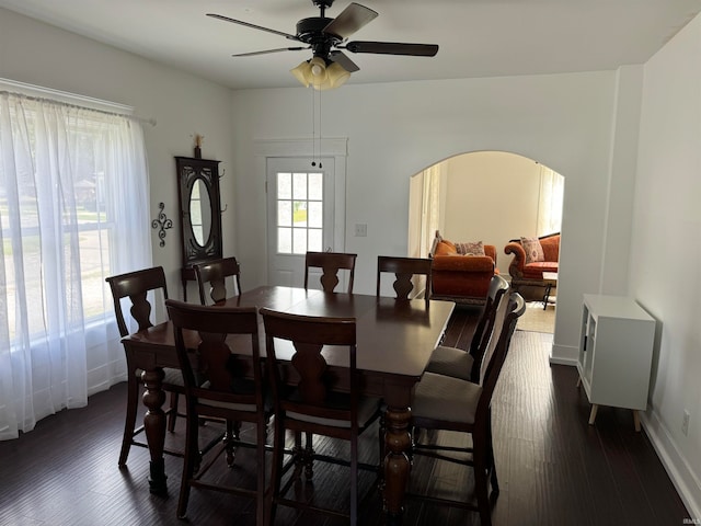 dining space featuring ceiling fan and dark hardwood / wood-style flooring