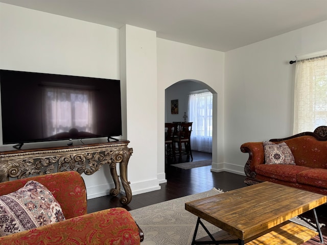 living room featuring dark hardwood / wood-style floors and a healthy amount of sunlight