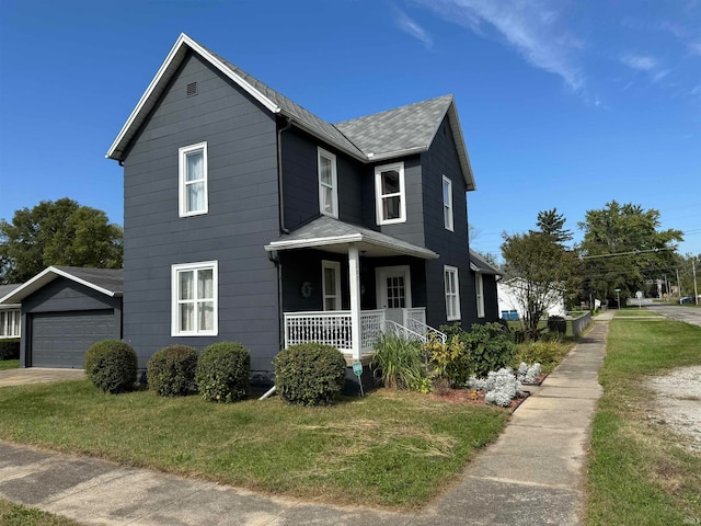 view of front of home with a porch, a garage, and a front yard