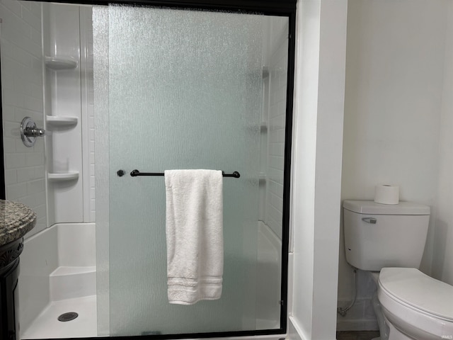 bathroom with a tile shower, vanity, and toilet