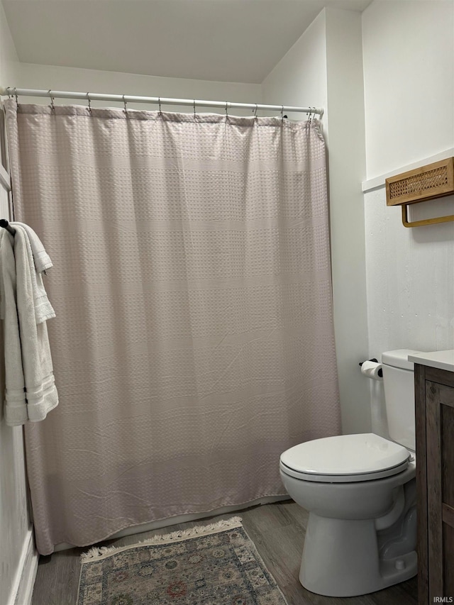 bathroom with wood-type flooring, vanity, and toilet