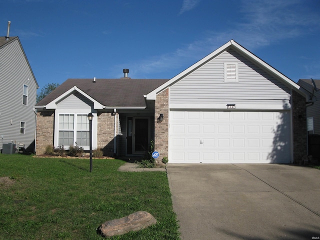 single story home featuring a garage, central AC, and a front yard