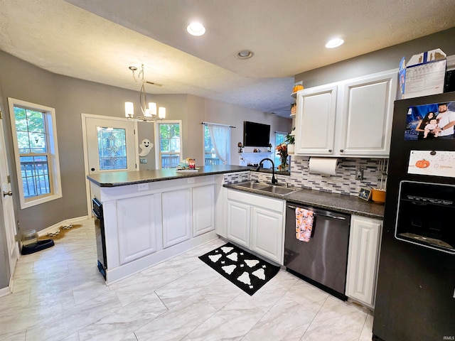 kitchen with dishwasher, white cabinetry, kitchen peninsula, hanging light fixtures, and black fridge with ice dispenser