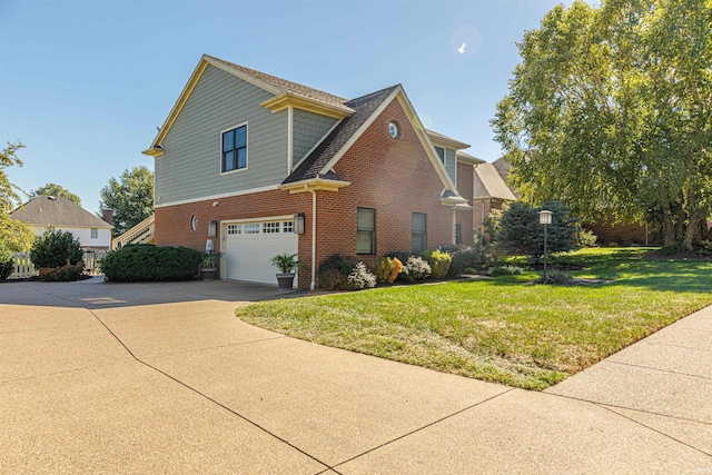 view of property exterior with a garage and a lawn