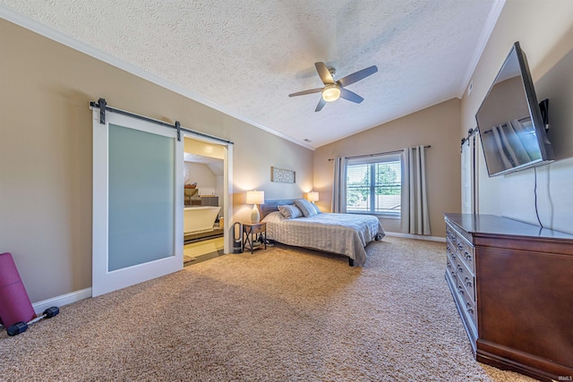 carpeted bedroom with a textured ceiling, ornamental molding, vaulted ceiling, and ceiling fan