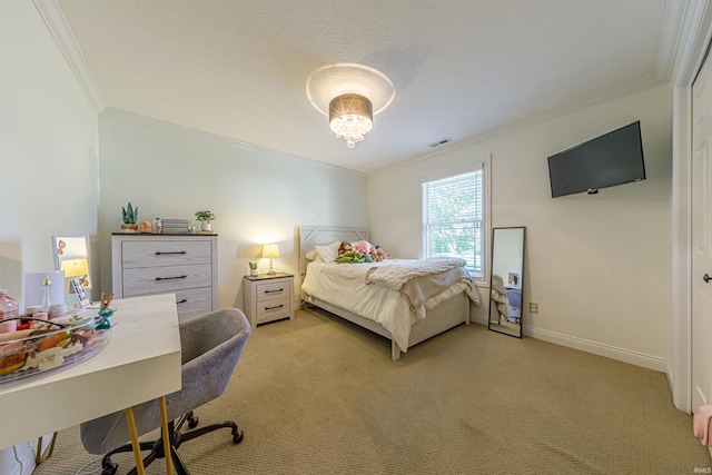 bedroom with light colored carpet and crown molding