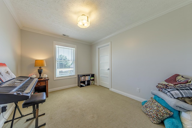 carpeted home office with a textured ceiling and crown molding