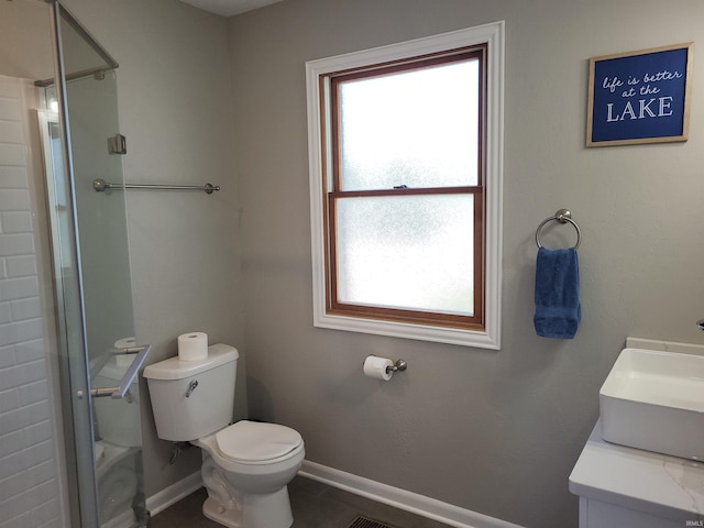 bathroom with vanity, plenty of natural light, toilet, and a shower with door