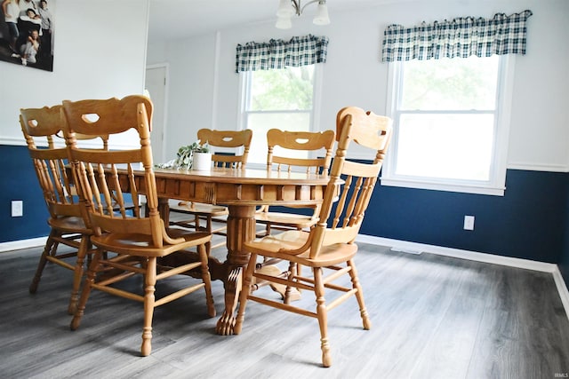 dining space with wood-type flooring