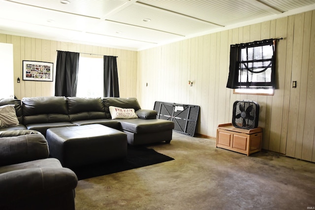 living room featuring wooden walls, concrete flooring, and a healthy amount of sunlight