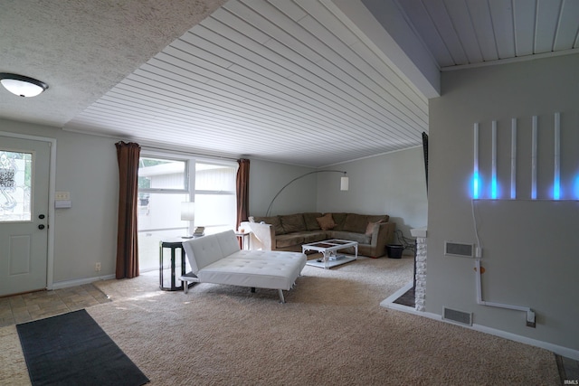 carpeted living room featuring wood ceiling and ornamental molding