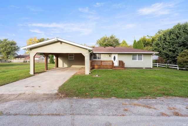 ranch-style house featuring a front yard and a carport