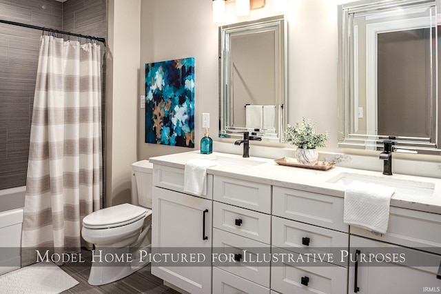 bathroom featuring tile patterned floors, curtained shower, vanity, and toilet