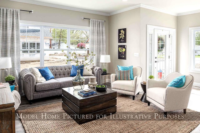 living room with wood-type flooring and ornamental molding