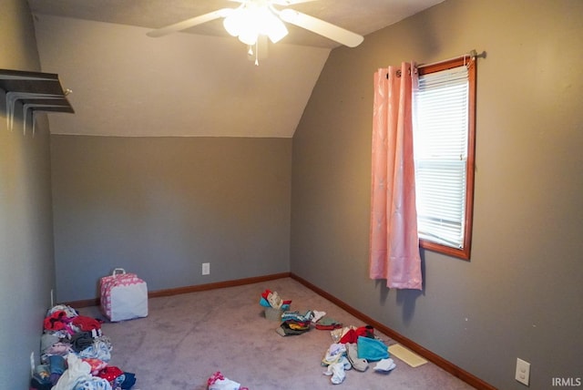 bonus room featuring carpet, vaulted ceiling, and ceiling fan