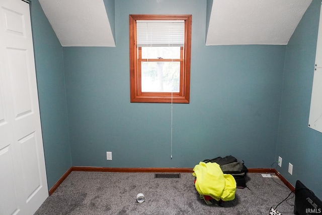 bonus room with carpet floors, a textured ceiling, and vaulted ceiling