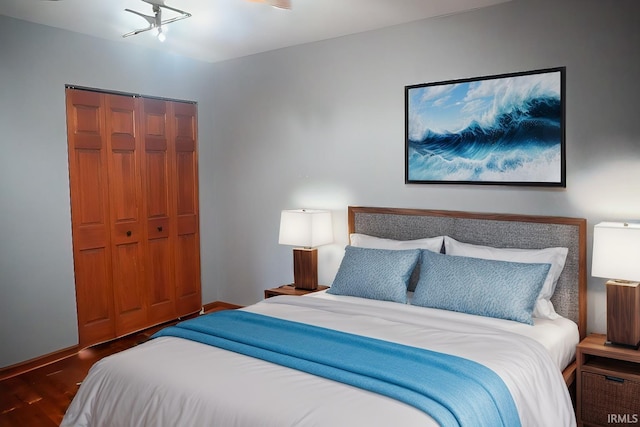 bedroom with dark hardwood / wood-style floors and a closet