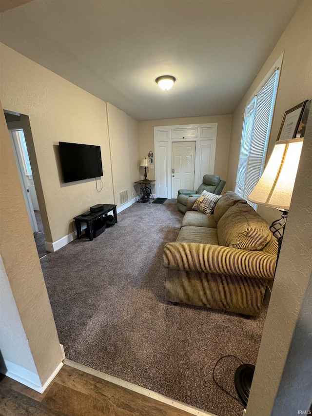 living room with dark colored carpet