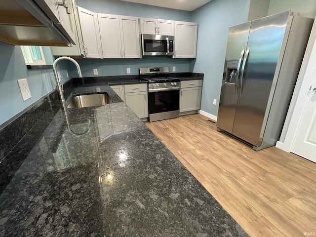 kitchen featuring dark stone counters, light wood-type flooring, appliances with stainless steel finishes, and sink