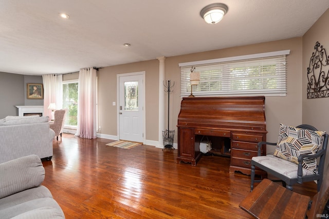 living room with dark hardwood / wood-style floors