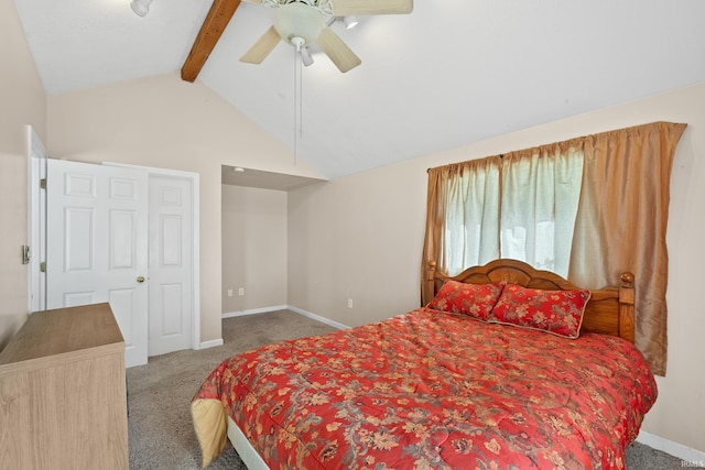 bedroom featuring carpet flooring, ceiling fan, beamed ceiling, and high vaulted ceiling