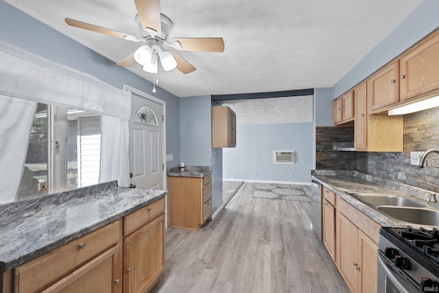 kitchen featuring light hardwood / wood-style floors, a textured ceiling, sink, decorative backsplash, and appliances with stainless steel finishes