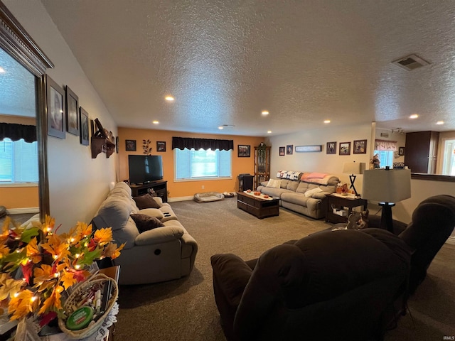 carpeted living room featuring a textured ceiling