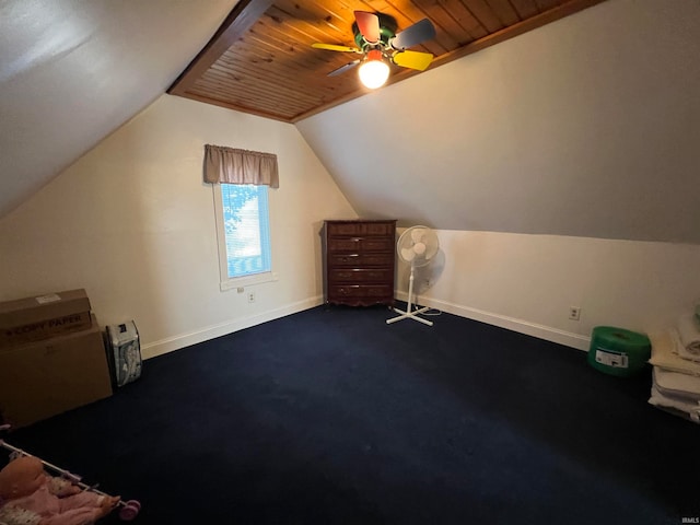 bonus room with wooden ceiling, lofted ceiling, ceiling fan, and carpet floors