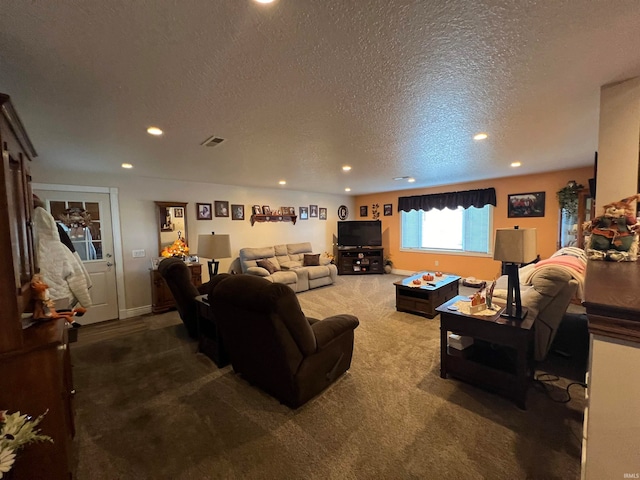 carpeted living room with a textured ceiling