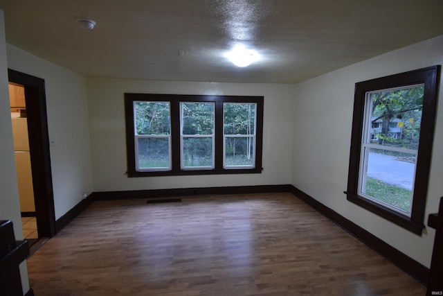 empty room with a textured ceiling, dark hardwood / wood-style flooring, and plenty of natural light