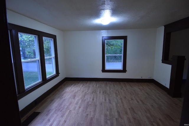 spare room featuring hardwood / wood-style floors, a textured ceiling, and a healthy amount of sunlight