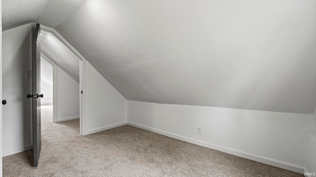 additional living space with light carpet, a textured ceiling, and vaulted ceiling