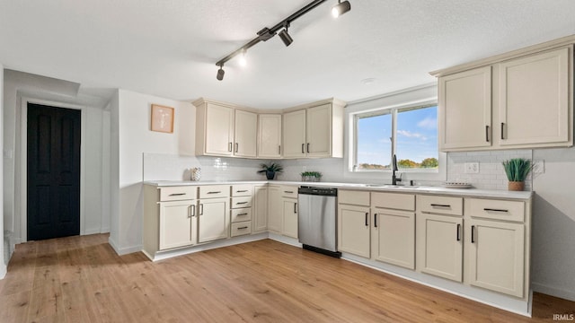 kitchen with light hardwood / wood-style floors, cream cabinets, tasteful backsplash, and stainless steel dishwasher