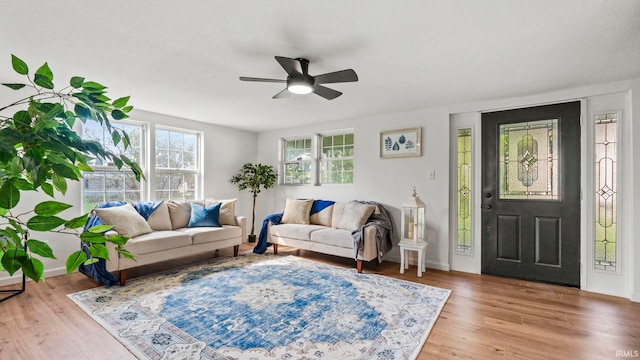 living room with wood-type flooring and ceiling fan