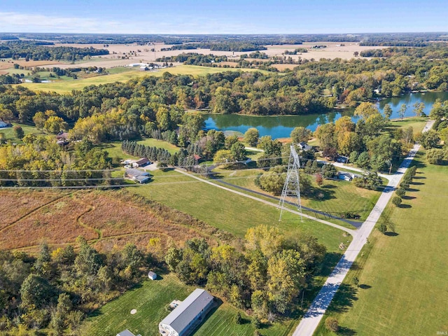 birds eye view of property with a water view and a rural view