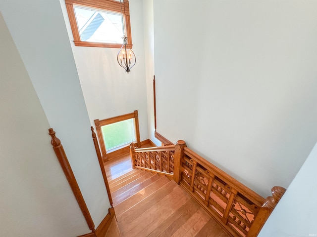 stairway with hardwood / wood-style flooring